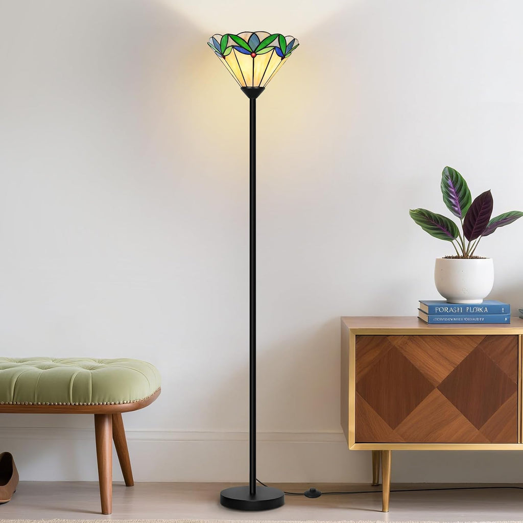 Stained Glass Floor Lamp with Tree Leaf Pattern, Vintage Style Torchiere Floor Lamp, Tall Corner Pole Lamp with Foot Switch, Antique Decorative