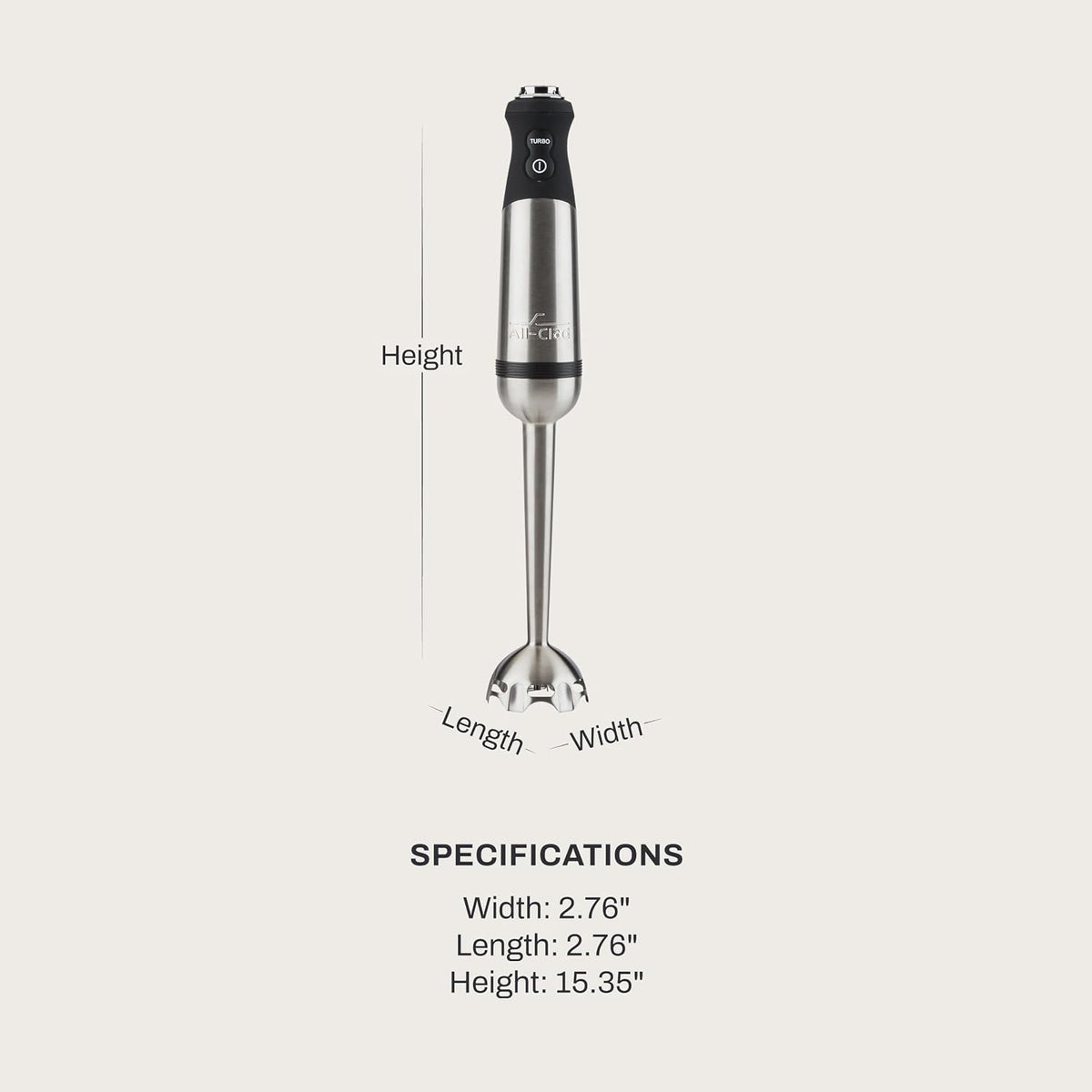 All-Clad Electrics Stainless Steel Immersion Blender 2 Piece Turbo Function 600 Watts Detachable, Variable Speed Control, Hand Blander, 9-1/4-inch