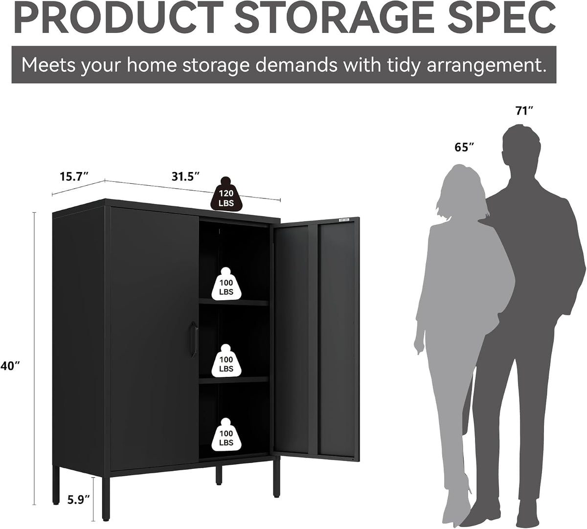 Metal Locker Cabinet, Black Storage Cabinets with 2 Doors and Adjustable Shelves, 3 Tier Modern Storage Freestanding Sideboard for Living Room,School