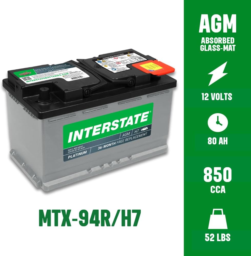 Interstate Batteries Car Battery 12V 80Ah 850CCA Group H7, 94R AGM