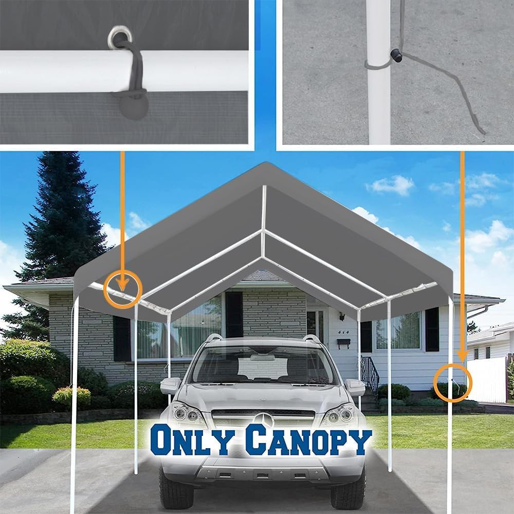 Rutile 10 x 20 FT Carport Replacement Cover, Heavy Duty Car Tarp Canopy Tent Replacement Top w/Ball Bungees Gray (Only Top Cover, Frame is not