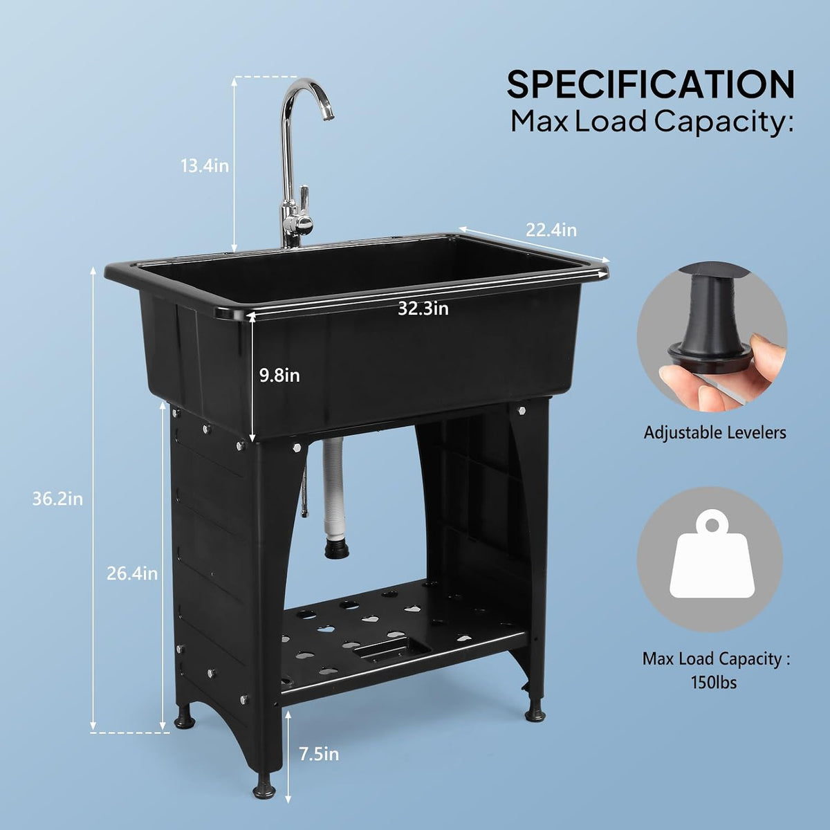 ROVSUN 20-Gallon Black Plastic Utility Sink with Hot & Cold Faucet, 150lbs Load Capacity, Upgraded Height & Version, Use for Laundry Room, Garage
