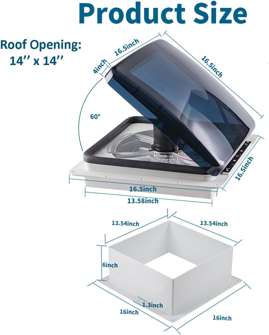 RV Vent Fan 14x14, 10-Speed Roof Vent Fan with Remote Control & Rain Sensor, 12V RV Exhaust Fan