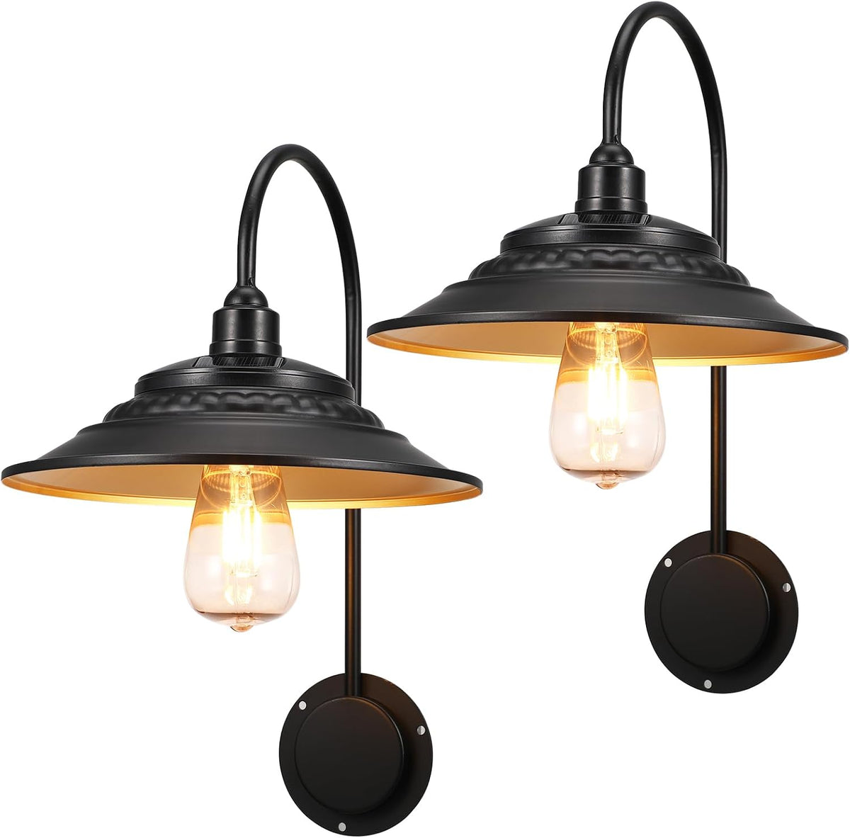 Solar Barn Lights Upgrade, 2PCS Waterproof Wall Light Fixture, Rustic Vintage Metal Gooseneck Solar Wall Mount Lights with Gold Interior, for Outdoor