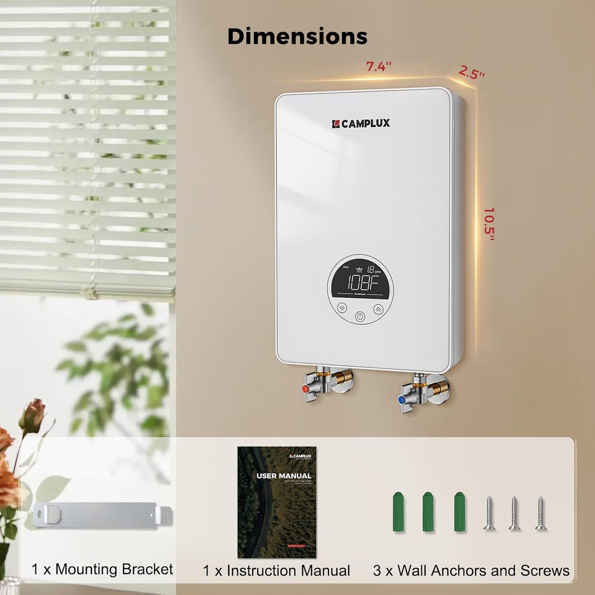 CAMPLUX Tankless Water Heater Electric 120V, 4.5kW Point of Use Instant Hot Water Heater, Save Space for Sink Wall Mounted LED Digital Display CSA