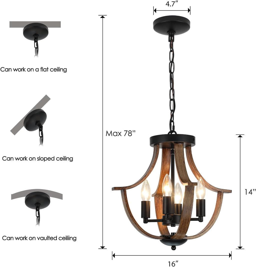 Farmhouse Hanging Pendant Lighting, 4-Light Rustic Flush Mount Ceiling Light Fixture,Modern Faux Wood Vintage Chandelier for Dining Room Kitchen