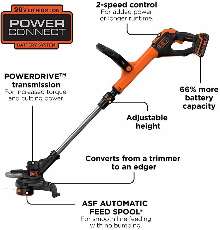 BLACK+DECKER 20V MAX 12 Inch Weed Eater Cordless String Trimmer and Wheeled Edger Lawn Tool with Spool, 2.5Ah Battery and Charger Included