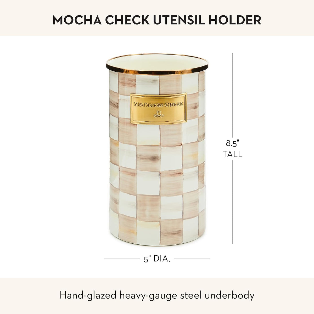 MACKENZIE-CHILDS Enamel Utensil Holder, Brown-and-White Mocha Check