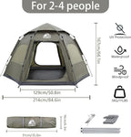 Hewolf 2/3/4 Person Camping Tent - Instant Pop Up Waterproof 2 Doors Tent with Easy Setup | 3-Season Hexagonal Dome Design for Family, Hiking &