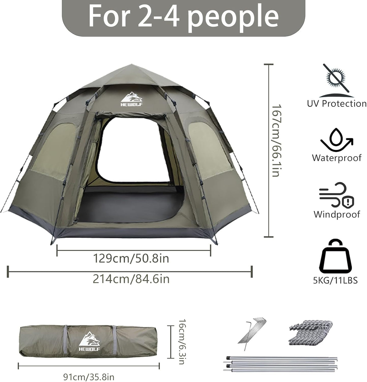 Hewolf 2/3/4 Person Camping Tent - Instant Pop Up Waterproof 2 Doors Tent with Easy Setup | 3-Season Hexagonal Dome Design for Family, Hiking &