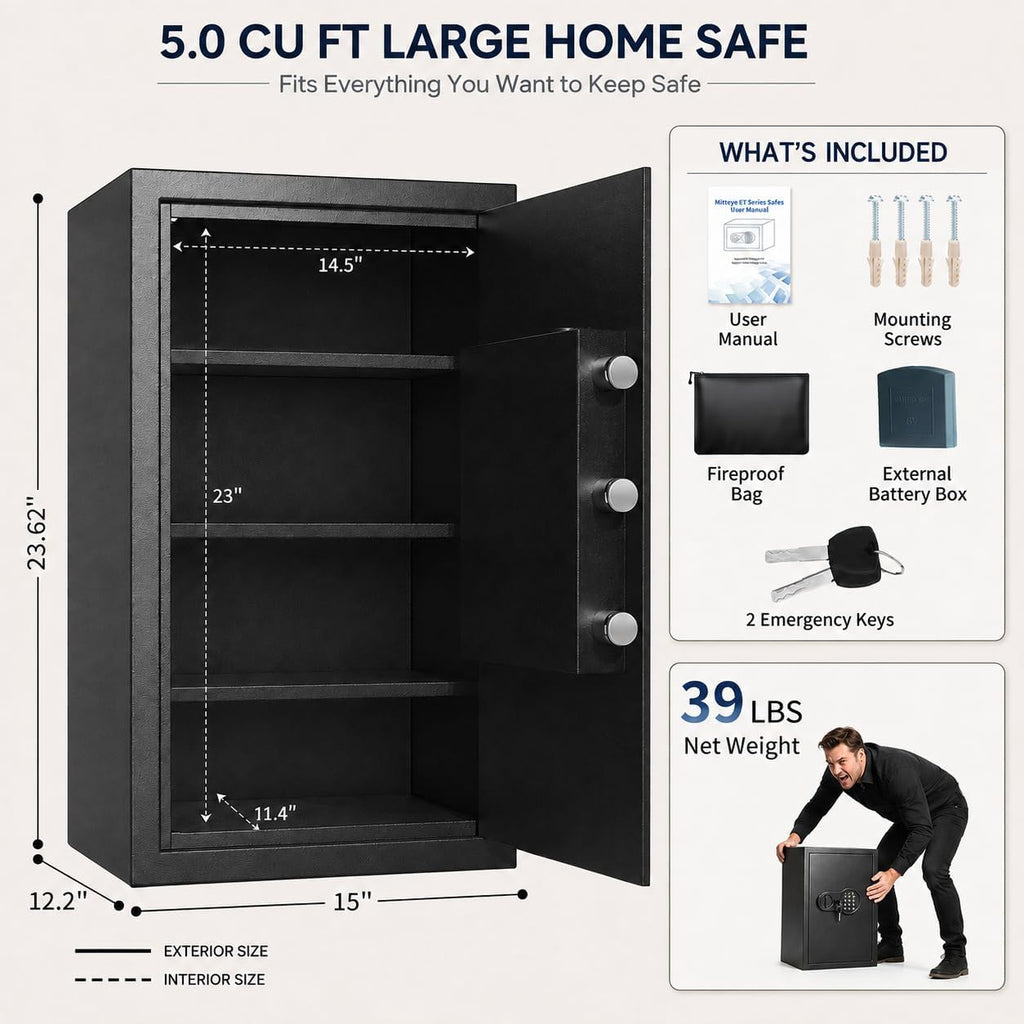 23.62'' Tall Extra Large Home Safe Box, Safe with Fireproof Waterproof Document Bag, Digital Keypad and 3 Removable Steel Shelves, Security Box for
