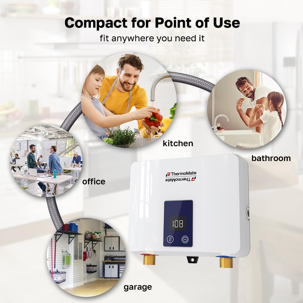 Tankless Small Water Heater Electric 120V 29.2Amp, ThermoMate 3500W On Demand Instant Hot Water Heater with Temperature Display for Kitchen Bathroom