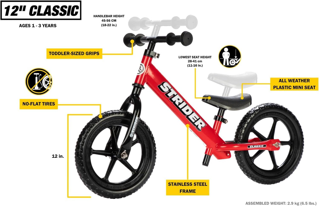 Strider 12” Classic Bike - No Pedal Balance Bicycle for Kids 1 to 3 Years - Includes Built-In Footrest, Handlebar Grips & Flat-Free Tires