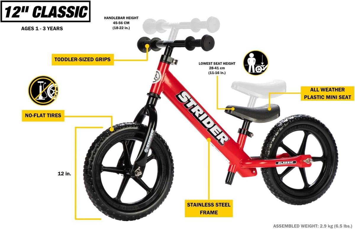 Strider 12” Classic Bike - No Pedal Balance Bicycle for Kids 1 to 3 Years - Includes Built-In Footrest, Handlebar Grips & Flat-Free Tires
