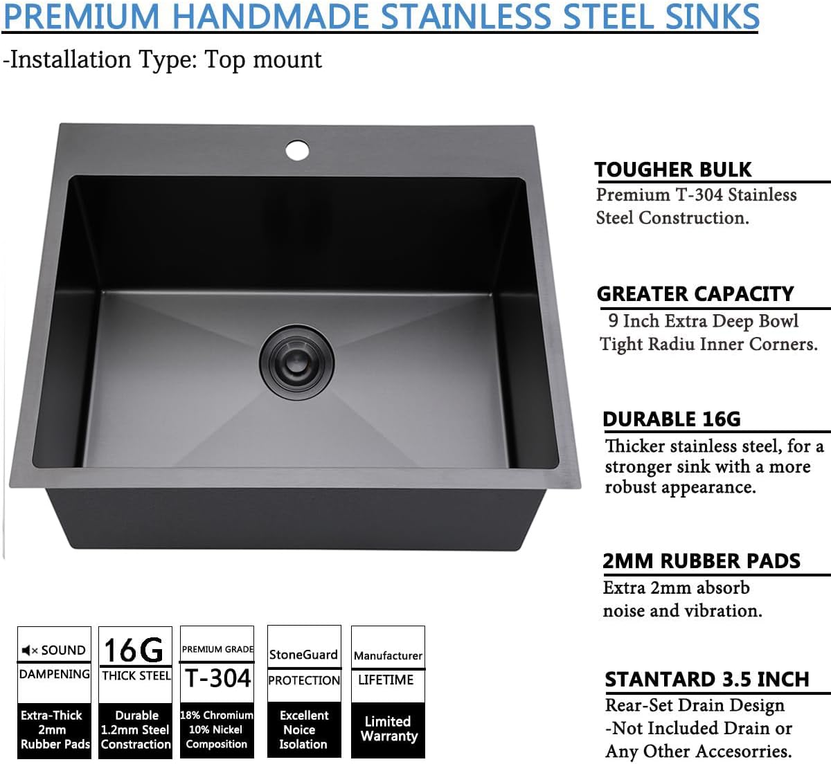 18x18 Inch Drop In Black Bar Sink, 18 Inch Gunmetal Black Small Kitchen Sink, Stainless Steel 16 Gauge Single Bowl Laundry Prep RV Sink with Strainer