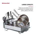 KitchenAid Large Capacity Full Size Rust Resistant Dish Rack with Angled Drain Board and Removable Flatware Caddy, Light Grey