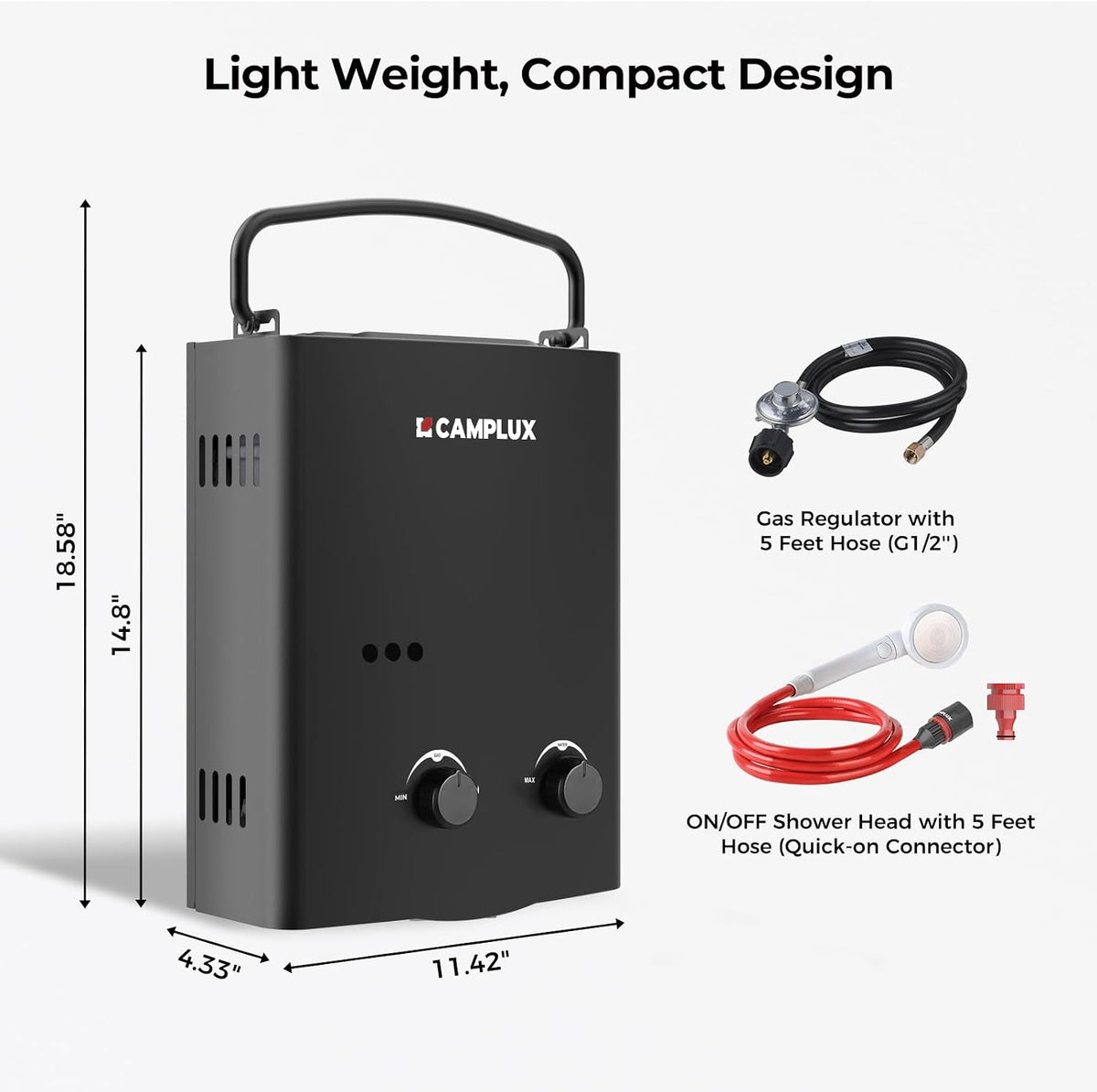 CAMPLUX 1.32 GPM Portable Water Heater, 5L Tankless Water Heater Propane Outdoor, AY132B, Black