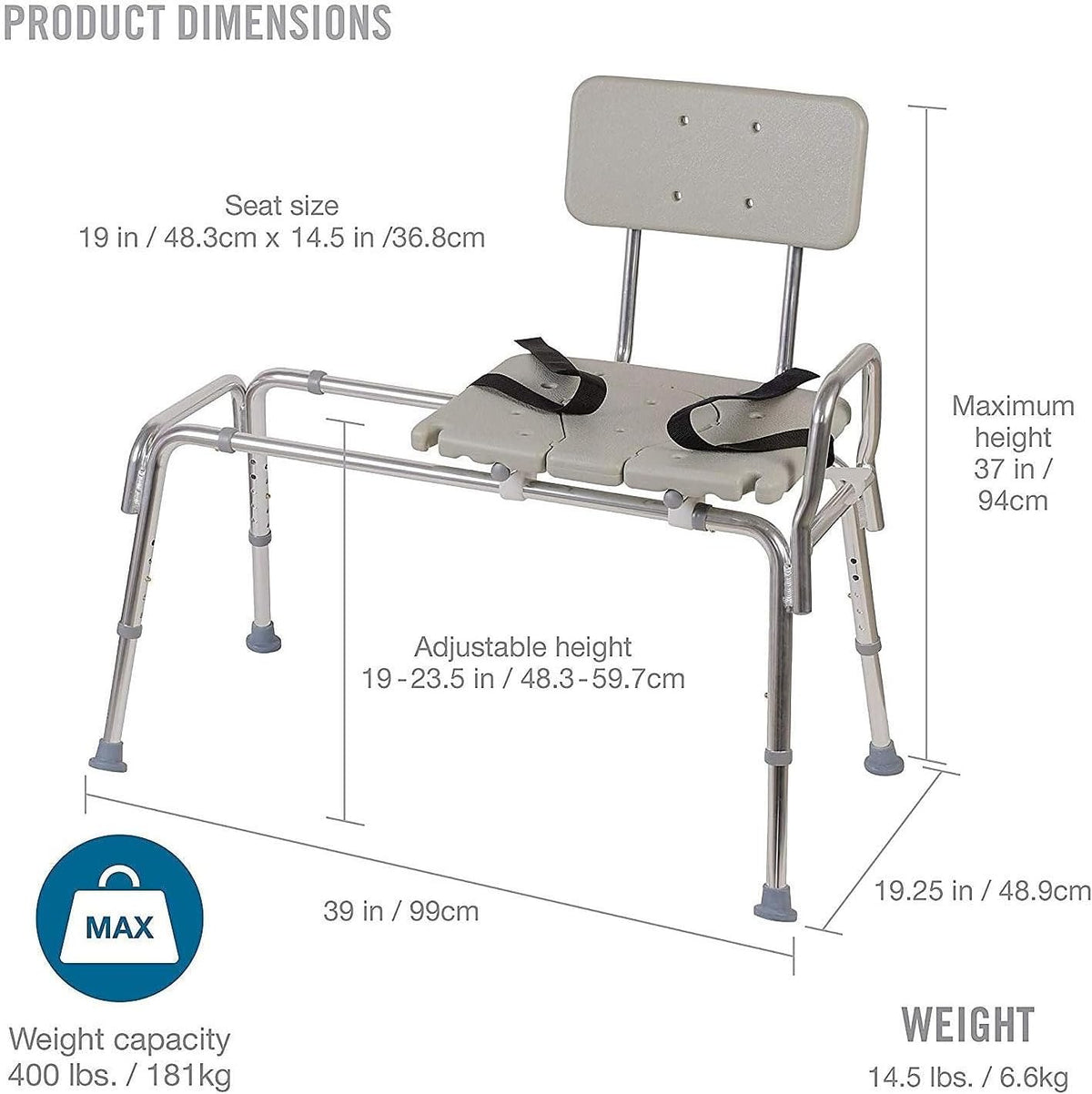 DMI Tub Transfer Bench and Shower Chair with Non Slip Aluminum Body, FSA Eligible, Adjustable Seat Height and Cut Out Access, Holds Weight up to 400