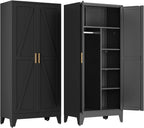 COFaR Wardrobe Closet with Doors, Metal Bedroom Armoire with Adjustable Hanging Rod and Shelves, Farmhouse Broom Closet Storage Cabinet for Garage