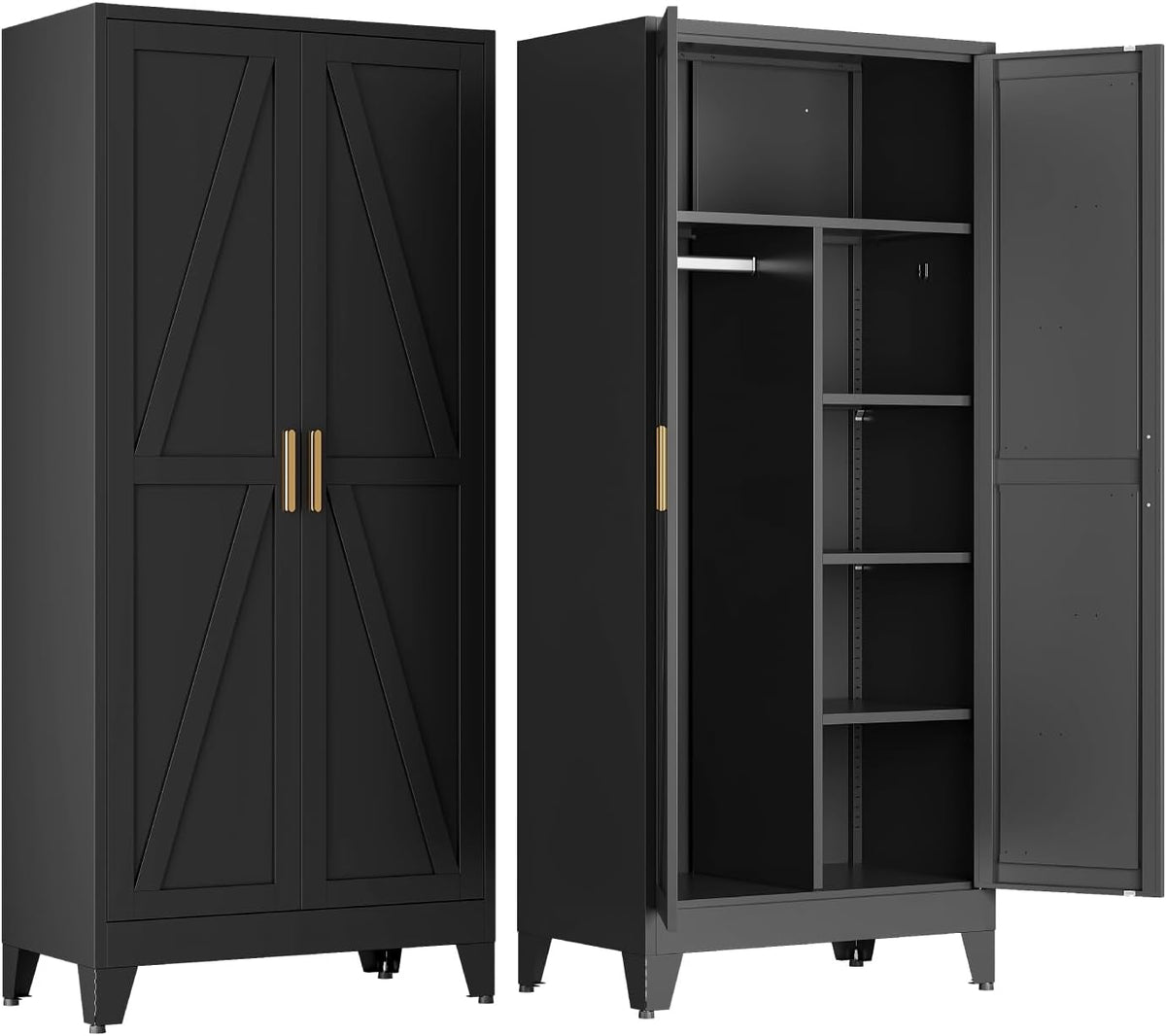 COFaR Wardrobe Closet with Doors, Metal Bedroom Armoire with Adjustable Hanging Rod and Shelves, Farmhouse Broom Closet Storage Cabinet for Garage