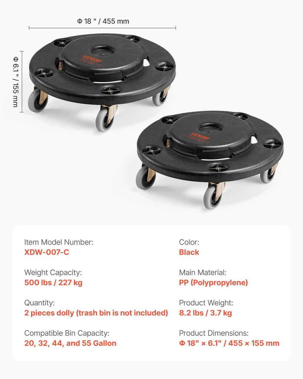 VEVOR Trash Can Dolly 500 lbs 2 Packs Round Trash Can Roller Base Balck