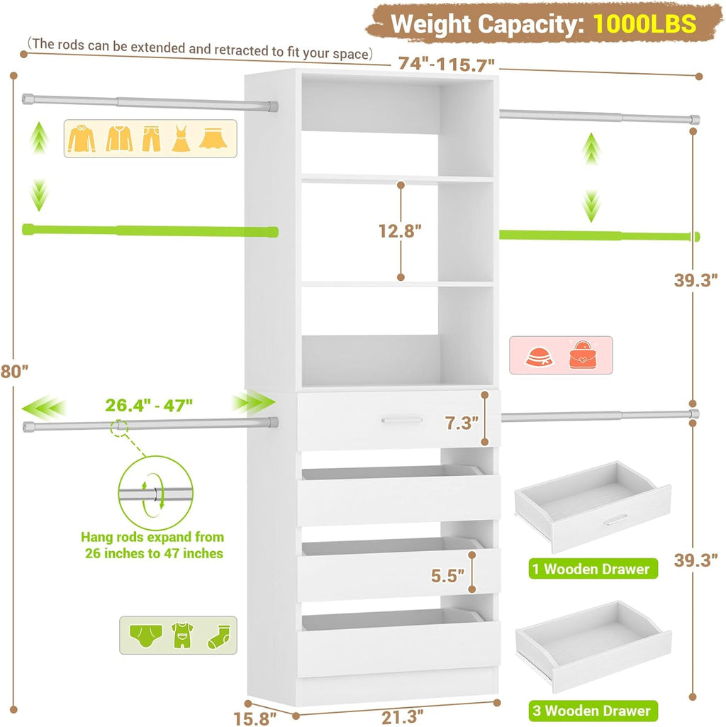 Aheaplus Closet System, 4-9Ft Closet Organizer with 4 Wooden Drawers, White