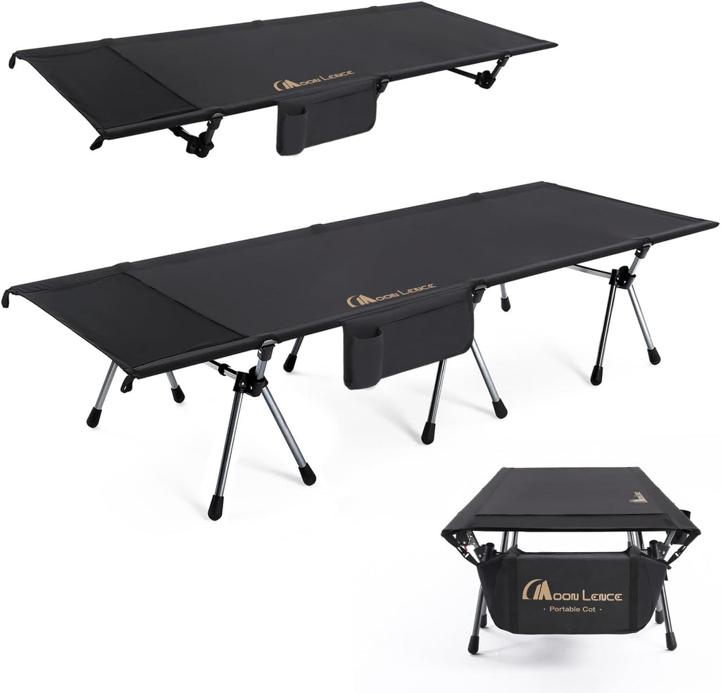 MOON LENCE Camping Cot, Height Adjustable with Cot Leg Extenders, Strong Support 330lbs, Lightweight Comfortable Folding Bed for Camping, Hiking