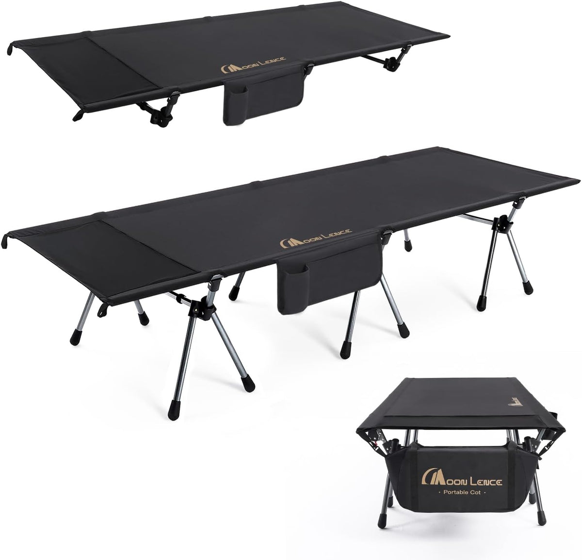 MOON LENCE Camping Cot, Height Adjustable with Cot Leg Extenders, Strong Support 330lbs, Lightweight Comfortable Folding Bed for Camping, Hiking