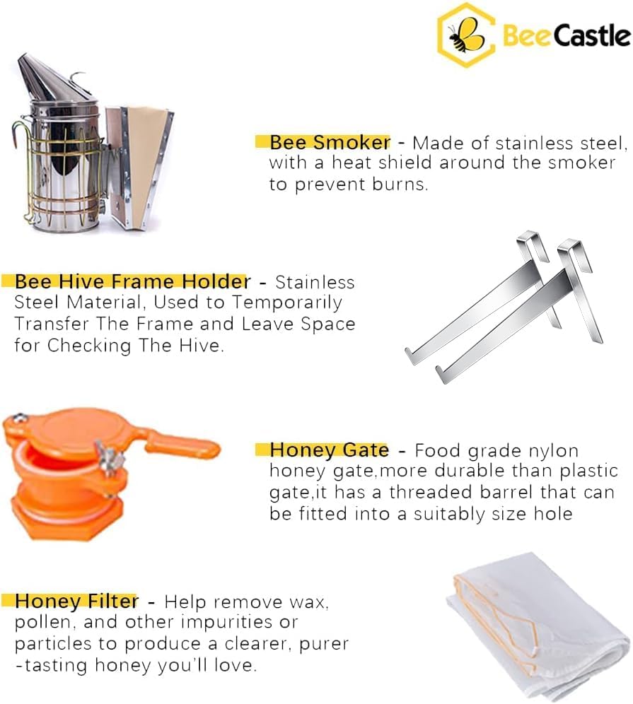 BeeCastle 10-Frame Bee Hives and Supplies Starter Kit,Beehive Kit Dipped in Beeswax,Bee Keeping Supplies-All Beginners Kit Includes Beekeeping
