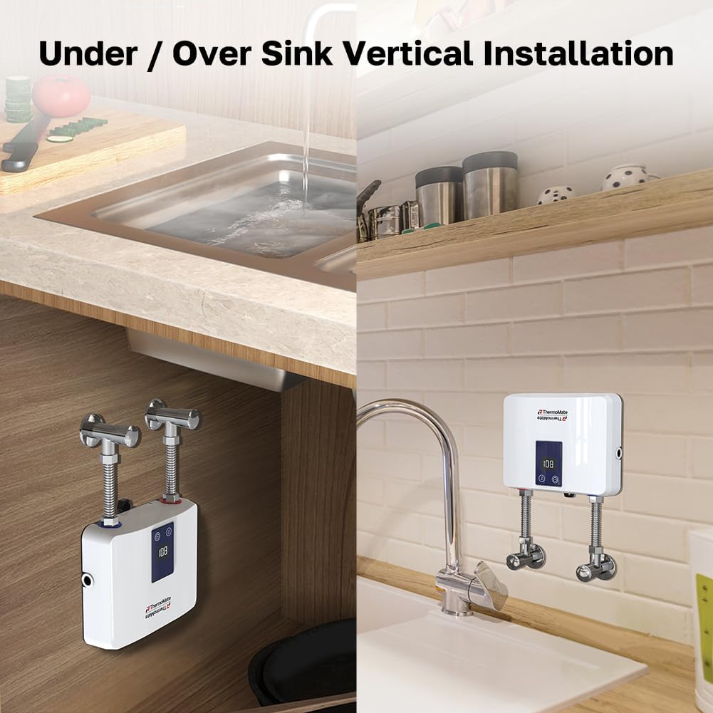Tankless Small Water Heater Electric 120V 29.2Amp, ThermoMate 3500W On Demand Instant Hot Water Heater with Temperature Display for Kitchen Bathroom