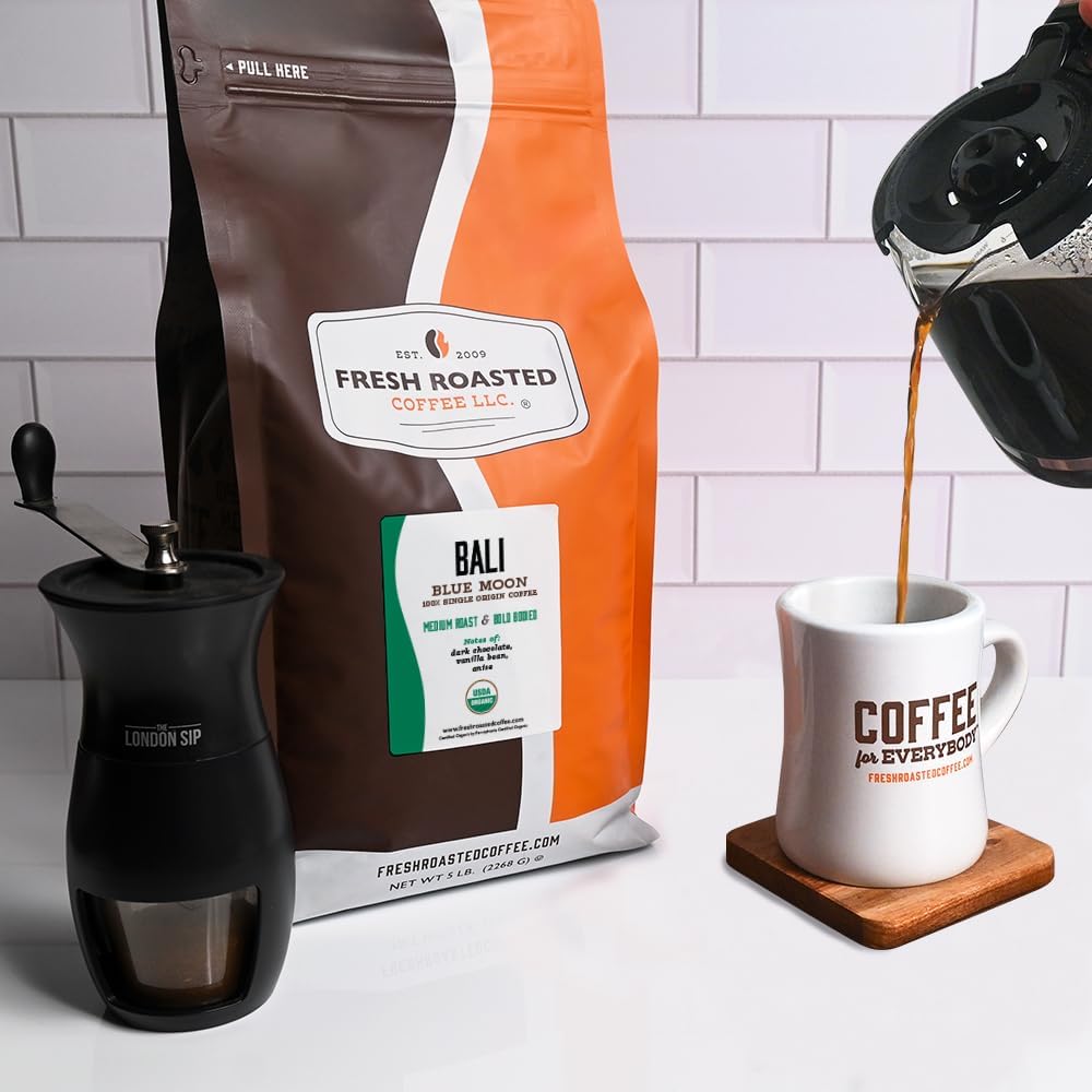 Fresh Roasted Coffee, Organic Bali Blue Moon Whole Bean Coffee, Medium Roast, USDA Organic, Kosher, 5 lb (80 oz)
