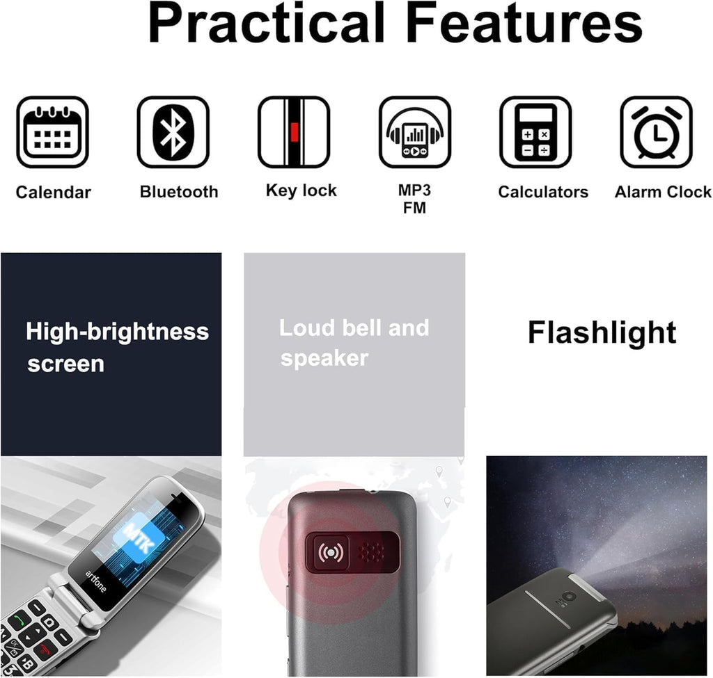 artfone G3 Flip Phone Unlocked for Seniors, 4G Volte Basic Phone, 2.4" Screen, SOS Button, Speed Dial, Hans-Free, Big Buttons, Bluetooth, Camera, FM
