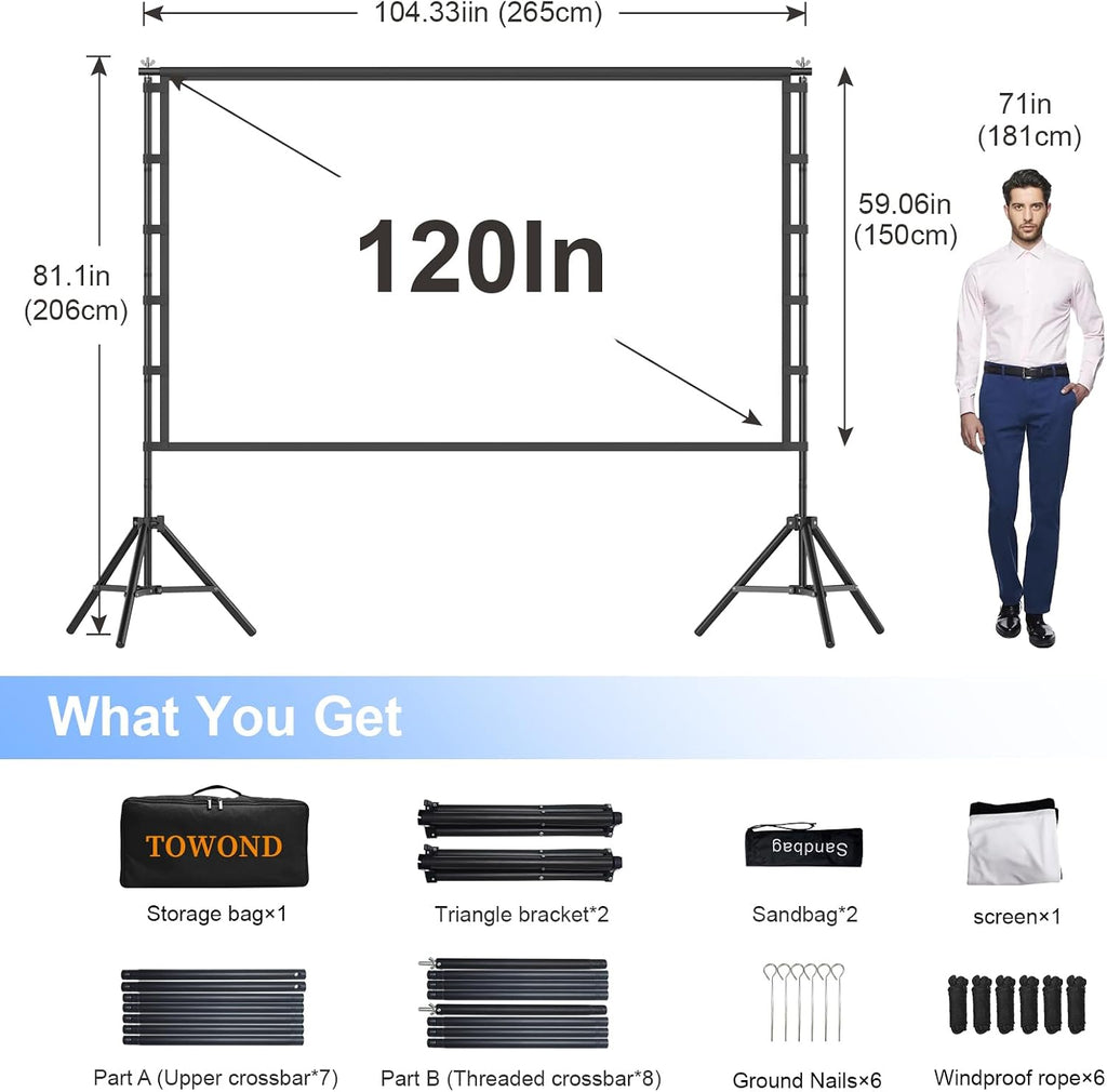 Outdoor Projector Screen with Stand, TOWOND 120 inch Portable Movie Screen, 16:9 HD Foldable Anti-Crease Projection Screen with Carry Bag for Sports