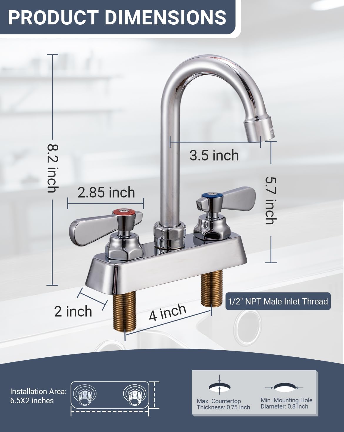 4" Center Utility Sink Faucet with Gooseneck Spout Deck Mount 2 Hole