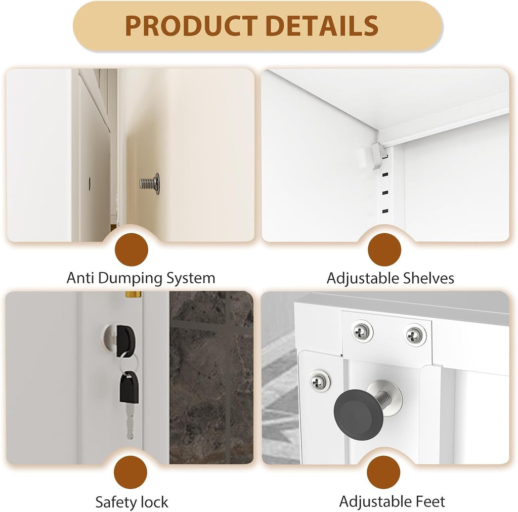 Tall Metal Narrow Bathroom Storage Locker Cabinet 67" H, White Kitchen Pantry Cabinets,File Cabinet Organizer with 5 Adjustable Shelves and Lockable