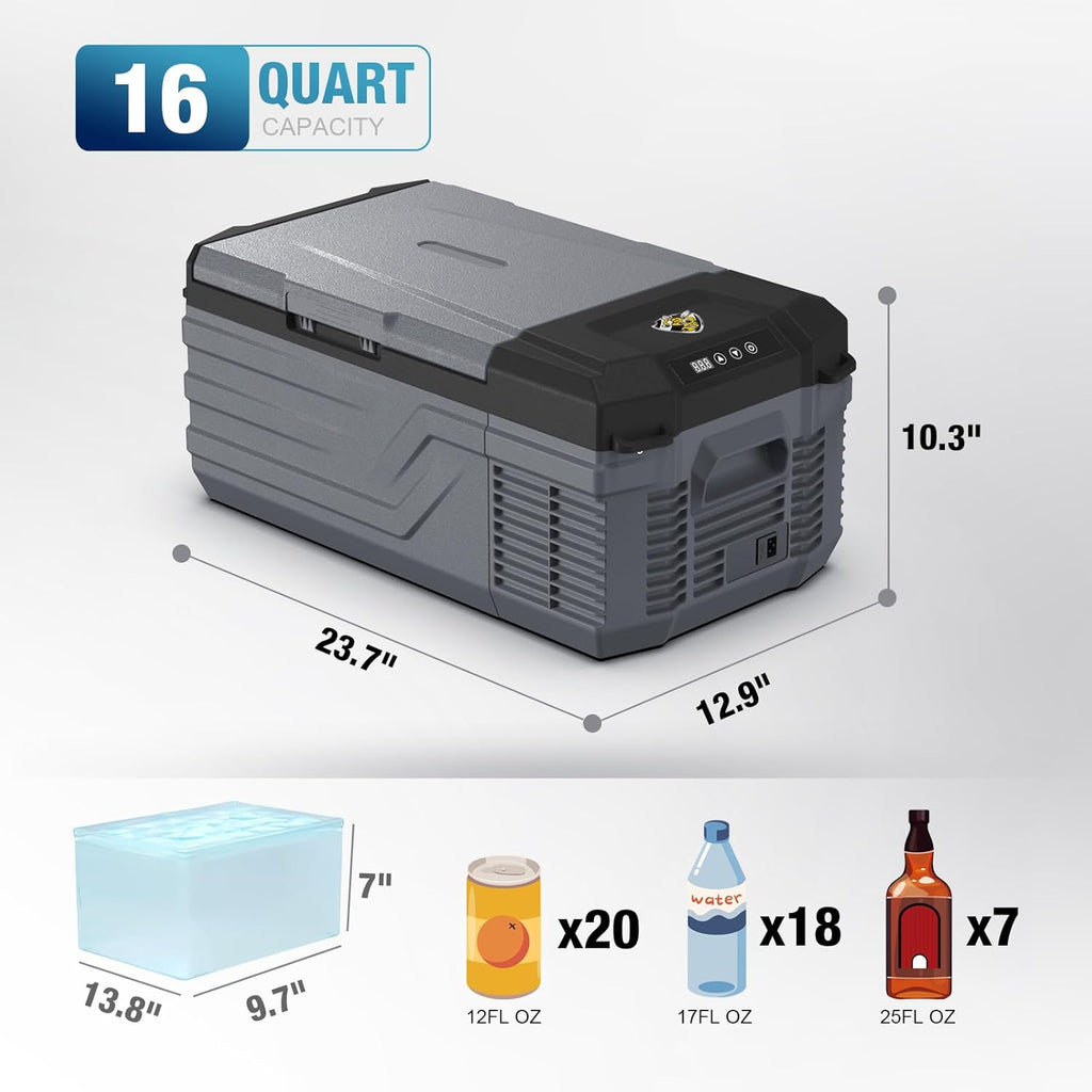 YELLOW JACKET 12 Volt Car Refrigerator, 16 Quart Electric Cooler, Portable Car Fridge for Outdoor Camping Travel, 12V/24V DC 110~240 Volt AC