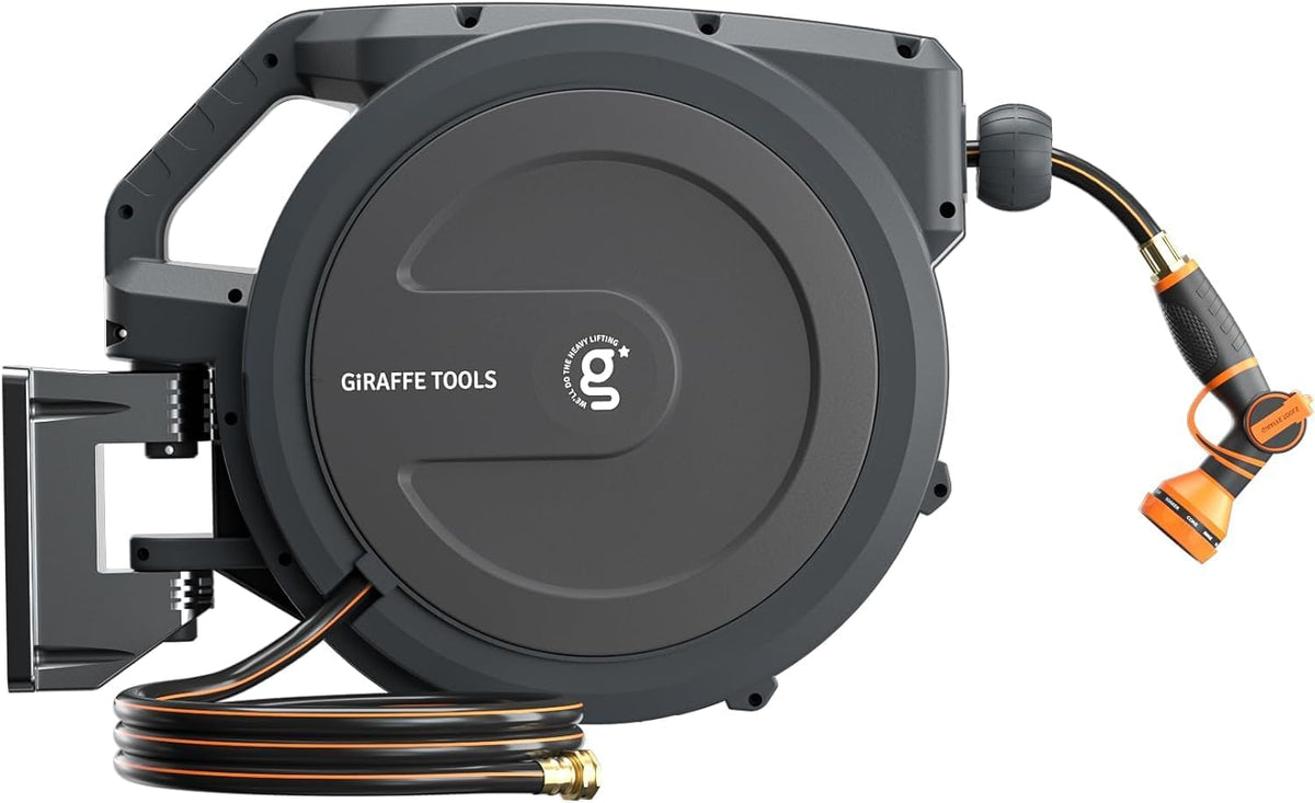 Giraffe Tools PRO Heavy Duty Retractable Garden Hose Reel - 78ft 1/2 Inch Auto Rewind with Any-Length Lock, Wall Mounted Metal Bracket, Commercial