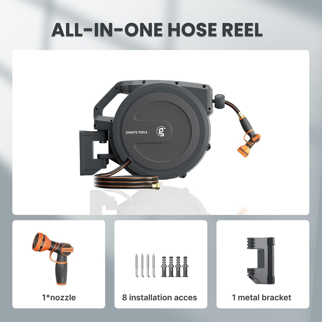 Giraffe Tools PRO Heavy Duty Retractable Garden Hose Reel - 78ft 1/2 Inch Auto Rewind with Any-Length Lock, Wall Mounted Metal Bracket, Commercial