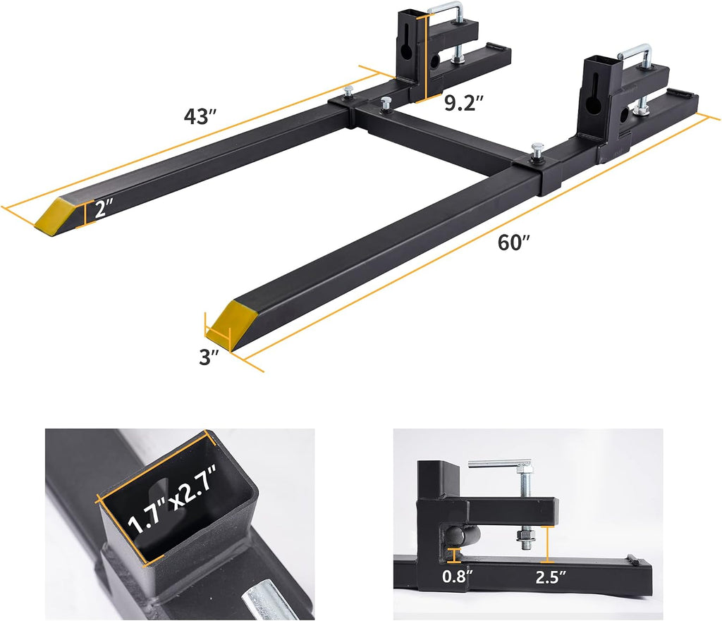 60" 2000lbs Clamp on Pallet Forks Heavy Duty Tractor Forks with Adjustable Stabilizer Bar Tractor Bucket Forks for Tractor Attachments, Skid Steer