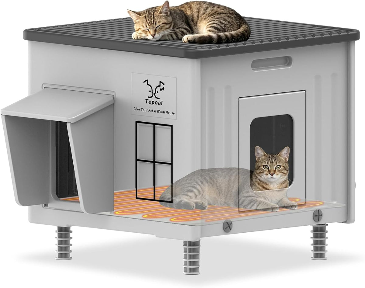 Indestructible Heated Cat House for Outdoor Cats in Winter, 100% Waterproof & Weatherproof Heated Cat House for Outside, Fully Insulated Feral Cat