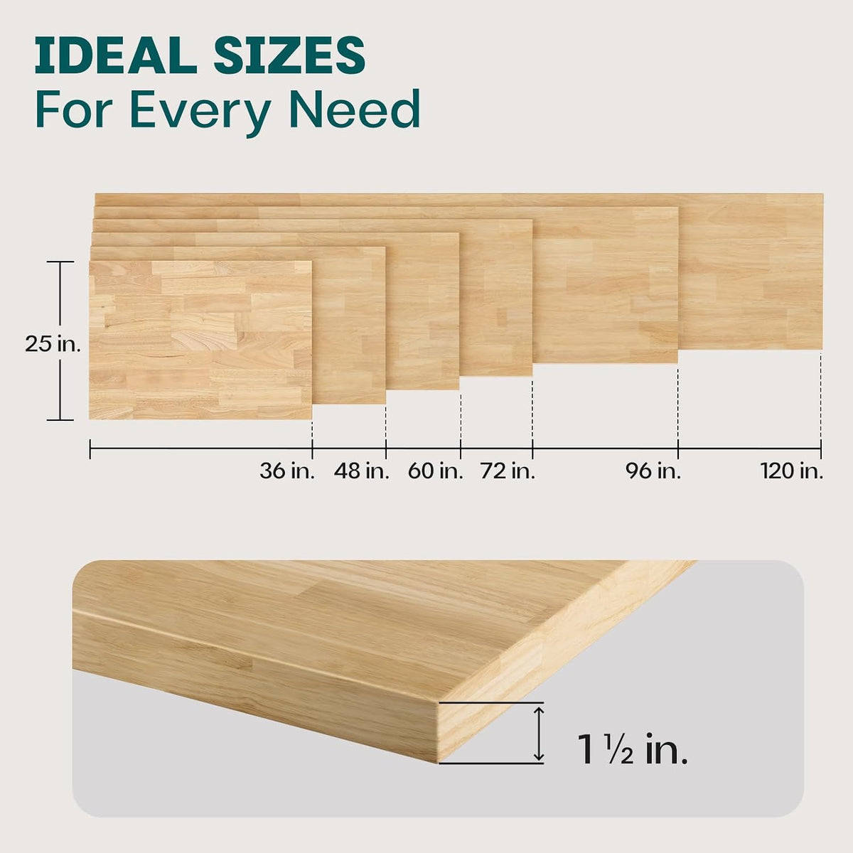 Bme Hevea Solid Wood Butcher Block Countertop, Unfinished, 60" x 25" x 1.5"