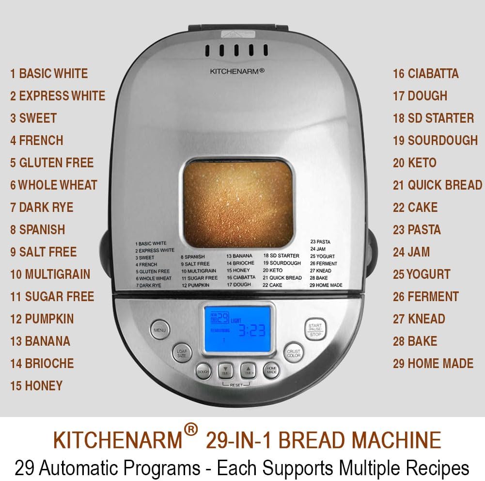 KITCHENARM 29-in-1 SMART Bread Machine with Gluten Free Setting 2LB 1.5LB 1LB Bread Maker Machine with Homemade Cycle - Stainless Steel Breadmaker