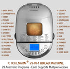 KITCHENARM 29-in-1 SMART Bread Machine with Gluten Free Setting 2LB 1.5LB 1LB Bread Maker Machine with Homemade Cycle - Stainless Steel Breadmaker