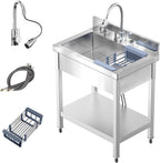28" Commercial Stainless Steel Utility Sink, Single Bowl Freestanding Kitchen Sink with Hot & Cold Water Faucet, Drain Kit & Hoses for Restaurant