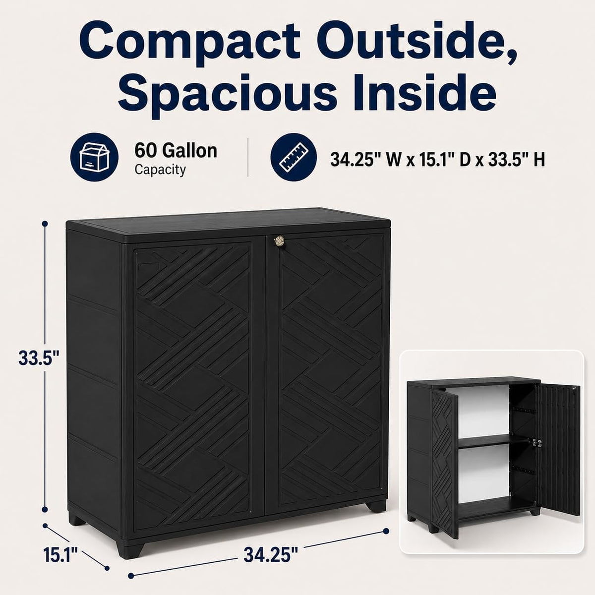 ADDOK Outdoor Storage Cabinet,60 Gallon Waterproof Resin Patio Storage Cabinet with 1 Adjustable Metal Shelf, Upright Outdoor Cabinet for Garden