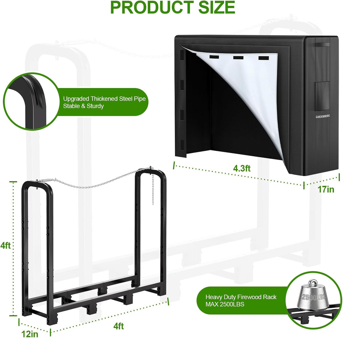 GARDENWORK 4FT Adjustable Firewood Rack Outdoor with Cover,Metal Wood Rack