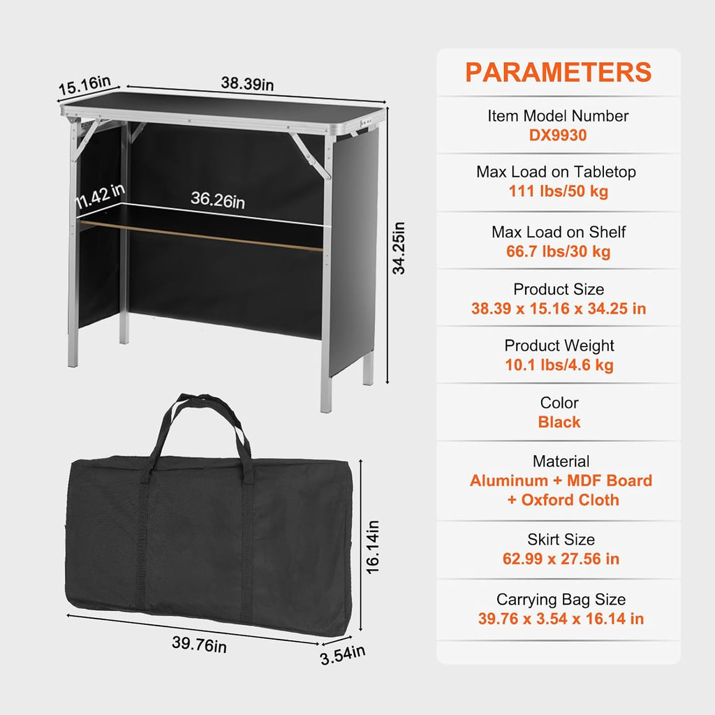 VEVOR Folding Portable Bar Table, Tradeshow Podium Table for Indoor, Outdoor, Party, Picnic, Exhibition, Includes Carrying Case, Storage Shelf and