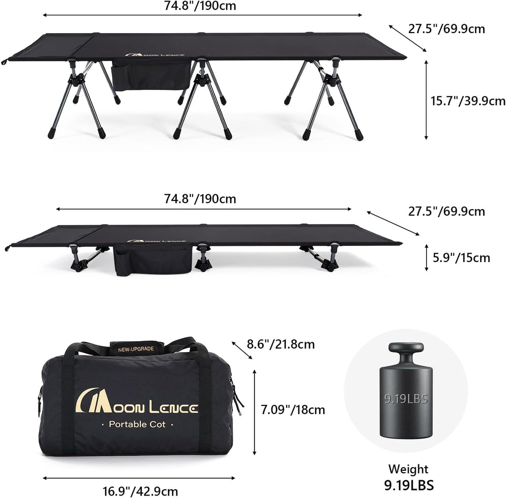 MOON LENCE Camping Cot, Height Adjustable with Cot Leg Extenders, Strong Support 330lbs, Lightweight Comfortable Folding Bed for Camping, Hiking