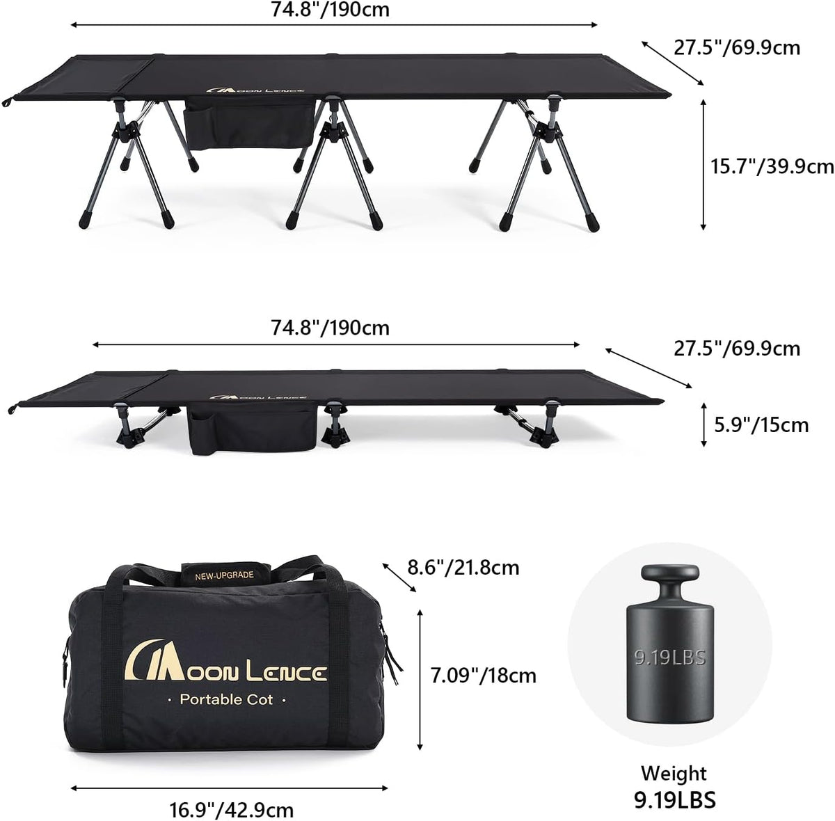 MOON LENCE Camping Cot, Height Adjustable with Cot Leg Extenders, Strong Support 330lbs, Lightweight Comfortable Folding Bed for Camping, Hiking