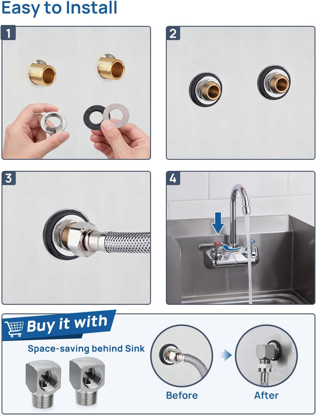 Commercial Hand Sink Faucet 4" Center Wall Mount, 3-1/2" Gooseneck